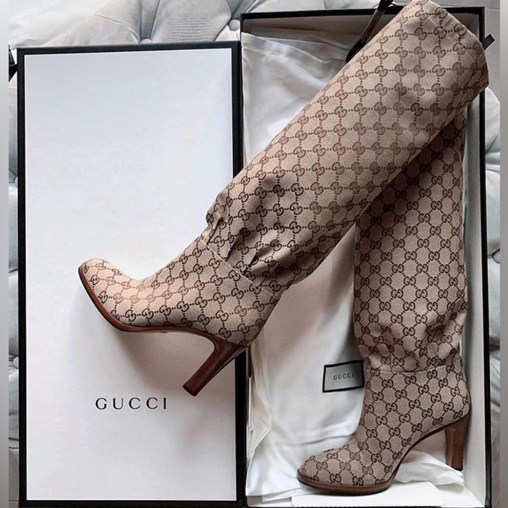 New GUCCI Lisa boots GG monogram beige CANVAS KNEE-HIGH Lisa heeled boots - Picture 7 of 10